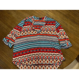 CURE. Plus 2X Red Teal Patterned Blouse